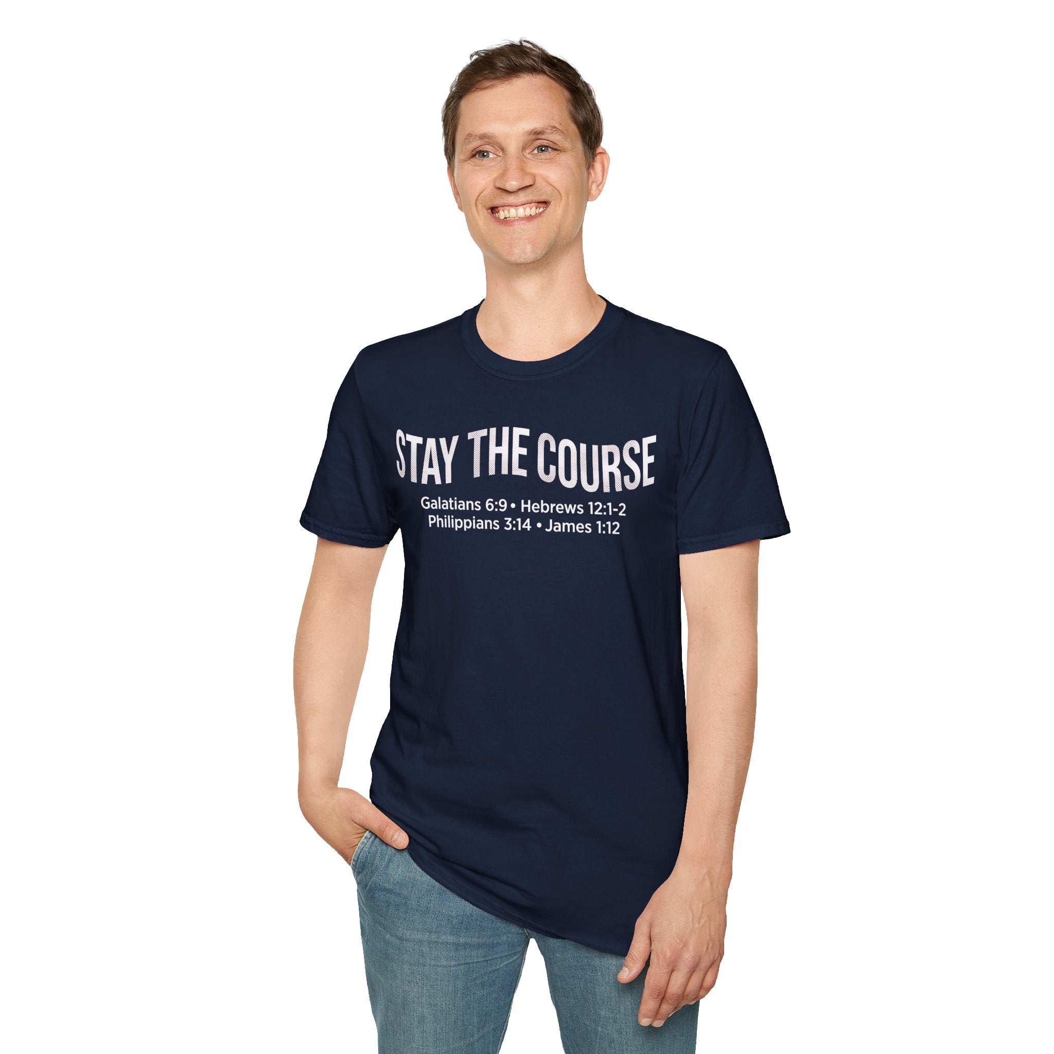 Stay The Course Bible Verse Christian Runner T-Shirt (Curvy Text)